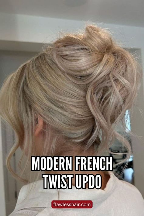 Modern French Twist Updo Loose Upstyles For Medium Hair, Soft Upstyles Romantic Updo, Ladies Updo Hairstyles, Textured French Twist Updo, French Twist Updo Medium Hair, Updo With Layers, French Twist Updo Front View, Messy French Roll Updo, Rehearsal Dinner Updo