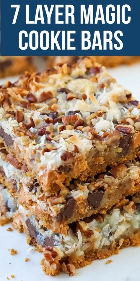 These 7-layer Magic Cookie Bars are made with seven delicious layers. A classic cookie recipe full of sweet flavor! Magic Cookie Bar Recipe, Sweetened Condensed Milk Recipes, Mint Desserts, Resep Brownies, Magic Cookie Bars, Classic Cookies Recipes, Dessert Bar Recipe, 7 Layer, Cookie Bar Recipes