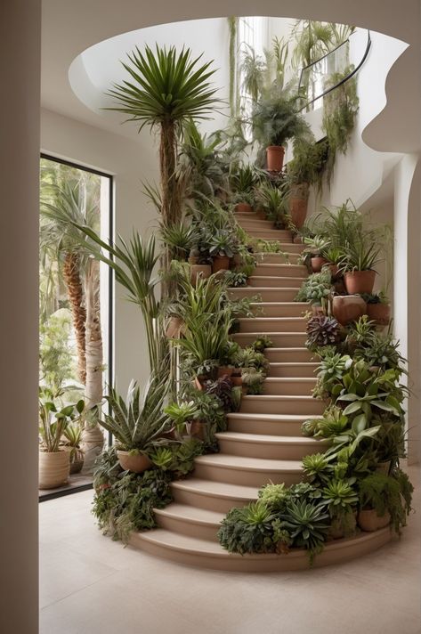 Potted Plant Staircase Display - Various potted plants arranged on each step. Hanging Plants Indoor Stairs, Staircase Plants Indoor, Staircase Plants, Green Staircase, Scandinavian Staircase, Tuscan Interior, Popsicle Stick Crafts House, Plant Room, Plant Watering