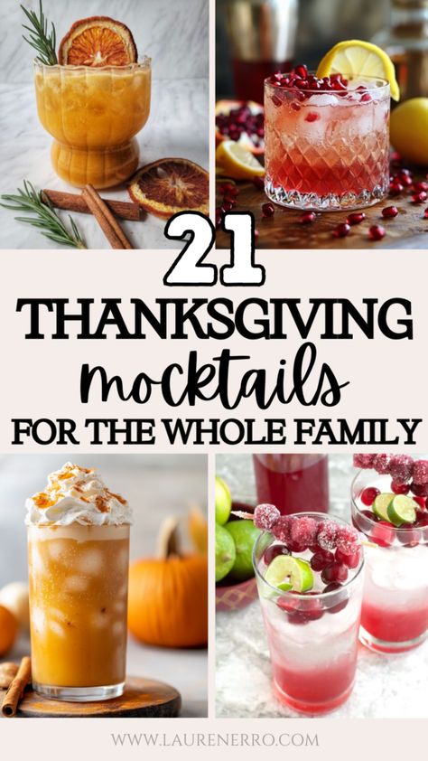 21 Thanksgiving Mocktails For The Whole Family to Enjoy | Lauren Erro Drink Ideas For Thanksgiving, Wingsgiving Party Ideas, Easy Thanksgiving Mocktail, Thanksgiving Cocktails And Mocktails, Batch Thanksgiving Mocktail, Mocktail For Thanksgiving, Friendsgiving Soup Party, Friendsgiving Drink Ideas Non Alcoholic, Mocktail Recipe Thanksgiving