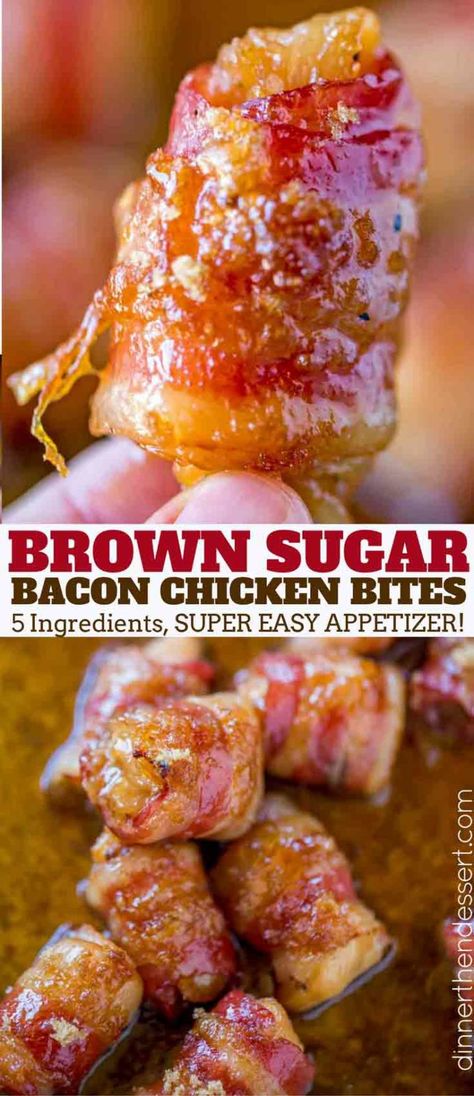 RECIPE Bacon Chicken Bites, Bacon Brown Sugar Chicken, Super Easy Appetizers, Brown Sugar Chicken, Brown Sugar Bacon, Bacon Chicken, Chicken Bites, Finger Food Appetizers, Football Food