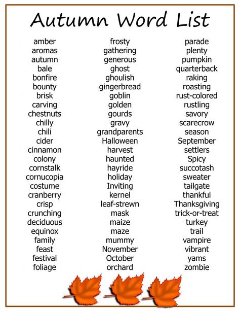 Fall Spelling Words, Elementary Vocabulary List, Words For Autumn, Thanksgiving Spelling Words, Fall Words List, Fall Vocabulary Words, Thanksgiving Words List, Halloween Words List, Fall Elementary Activities