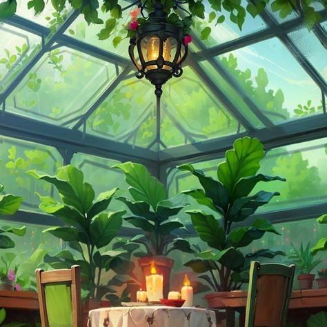 Green House Concept Art, Greenhouse Concept Art, Green House Illustration, Fantasy Greenhouse, Greenhouse Illustration, Fantasy House Interior, Green House Paint, Greenhouse Art, Fantasy Interior