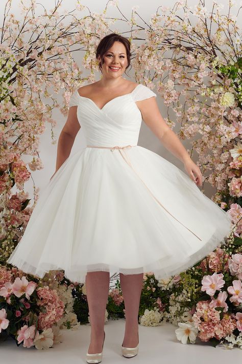 Vintage Tea Length Wedding Dress Plus Size, Plus Size Short Wedding Dresses Vintage, Plus Size Wedding Dresses Tea Length, Unique Plus Size Wedding Dresses Tea Length, Ruched Wedding Dresses, Short Wedding Dress Elegant Vintage, Courthouse Wedding Dress Plus Size Short, Wide Neck Wedding Dress, Plus Size Tea Length Wedding Dress