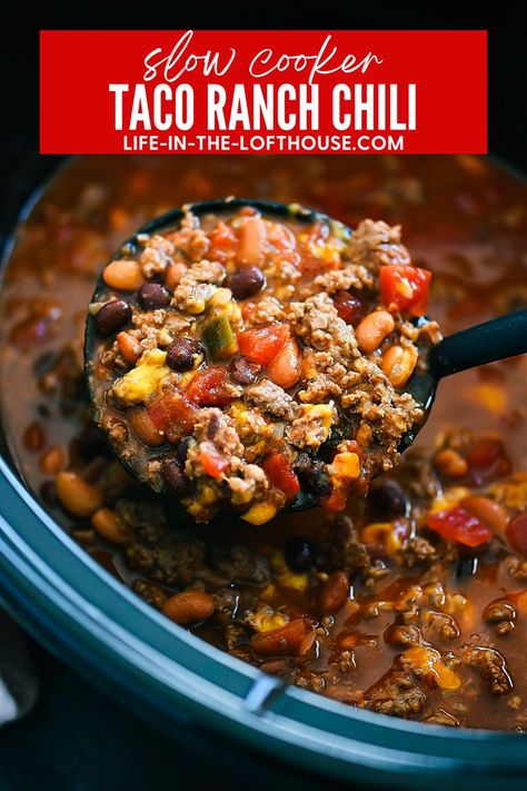 Slow Cooker Taco Ranch Chili Chili Recipe With Ranch Seasoning, Crockpot Chili With Rotel, Easy Beef Chili Recipe Crockpot, Beef Chili Crockpot Recipes, No Meat Chili Recipe Crockpot, Quick Crockpot Chili Recipe, Taco Chili Recipe Crockpot, Ranch Chili Recipe, Cowboy Chili Crockpot