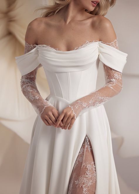 eva-lendel Wedding Gown Off Shoulder Lace, Drape Shoulder Wedding Dress, Baccara Gown, Bacara Wedding Dress, Corset Top Off The Shoulder Wedding Dress, Wedding Gown Jacket, Split Sleeve Wedding Dress, Off Shoulder Wedding Dress With Sleeves, Baccara Wedding Dress