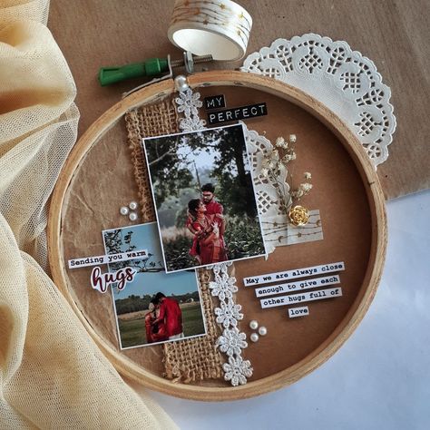 This hoop frame is used as a gift in your special occasions❤️ Embroidery Hoop Gift Ideas, Birthday Craft For Husband, Embroidery Hoop Photo Frame, Handmade Photo Frame Ideas, Hoop Photo Frame, Wedding Embroidery Hoop, Gifts Husband, Couple Crafts, Scrapbook Frame