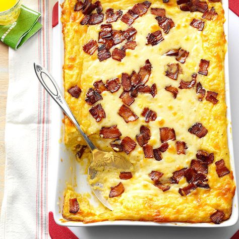 Baked Two-Cheese & Bacon Grits Bacon Grits, Church Potluck Recipes, Grits Recipe, Potluck Recipes, Cereal Recipes, Taste Of Home, Grits, Breakfast Casserole, Side Dish Recipes