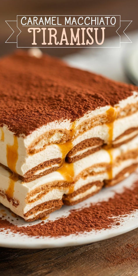 Indulge in a dessert mash-up with Caramel Macchiato Tiramisu! Layers of coffee-soaked ladyfingers, creamy mascarpone, and caramel drizzle make this a dream for coffee lovers! Pumpkin Spice Tiramisu Recipe, Easy Mascarpone Recipes, Desserts With Marscapone, Dessert With Caramel, Caramel Tiramisu, Lady Fingers Recipe, Coffee And Dessert, Mascarpone Recipes, Yummy Desserts Easy