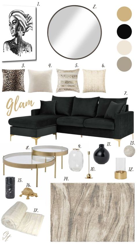 Matte Black Furniture Living Room, Glam Living Room Lamps, Black Living Room Sofas, Black And Good Living Room, Black And Gold Couch Living Room, Black White Grey Gold Living Room Rugs, Black Gold Apartment, Sofa Noir Deco, Black Gold White Living Room Decor