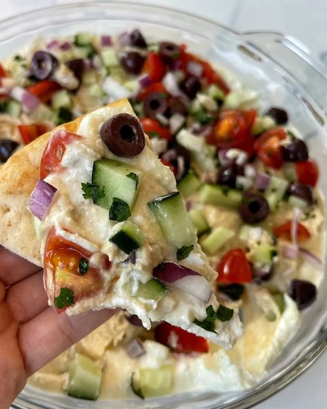 The Most Flavorful Greek Layer Dip with Whipped Feta | Layered Hummus Dip Feta, Taziki's Whipped Feta Recipe, Cold Feta Dip, Greek Appetizers Easy, Whipped Feta Dip With Honey, Greek 7 Layer Dip, 7 Layer Greek Dip, Whipped Feta Recipe, Greek Dip Recipes