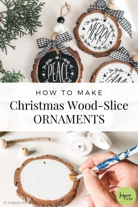 How to Make Christmas Wood Slice Ornaments - Inspire the Mom Christmas Wood Slice Ornaments, Making Ornaments, Wood Slice Ornaments, Glam Christmas Decor, Minimalist Christmas Decor, Christmas Gift Basket Ideas, Pencil Christmas Tree, Christmas Crafts To Sell, Christmas Crafts For Adults