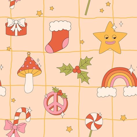 Groovy hippie christmas seamless pattern... | Premium Vector #Freepik #vector #seamless #fabric-pattern #textile-pattern #vintage-pattern Groovy Christmas Background, Hippie Christmas Wallpaper, Groovy Christmas Wallpaper, Retro Cartoon Style, Pc Backgrounds, Wrapping Paper Wallpaper, Hippie Christmas, Christmas Seamless Pattern, Groovy Christmas