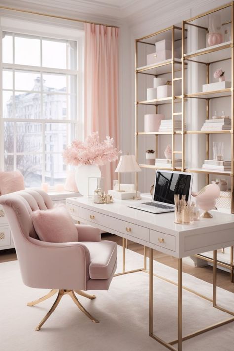 Feminine Home Office with Pink and Green decor Elegant Home Office, Feminine Office, Feminine Home Offices, Cozy Home Office, Pink Office, White Desk, Office Room Decor, Home Office Ideas, White Office