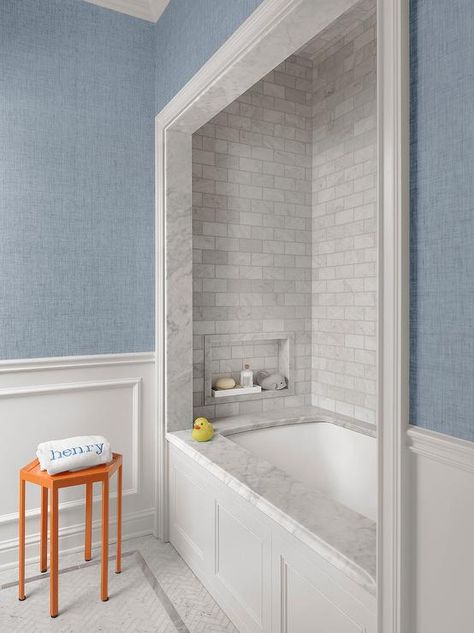 Marble Subway Tiled Bathtub Alcove in Kids Bathroom - Transitional - Bathroom Bathroom Ideas Fun, Kids Bathroom Ideas, Bathtub Alcove, Tile Tub Surround, Grey Bathroom Tiles, Marble Subway Tiles, Bathtub Tile, Aesthetic Bathroom, Transitional Bathroom