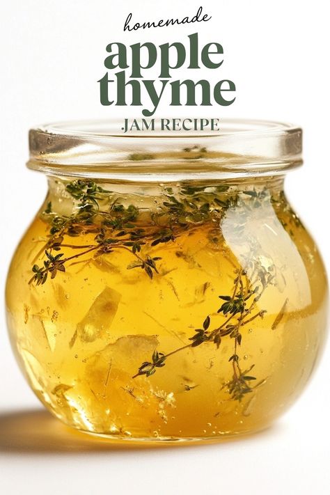 Close-up of a glass jar filled with apple thyme jam, garnished with fresh thyme sprigs, highlighted by a text overlay 'homemade apple thyme jam recipe' Apple Thyme Jelly, Fall Jams Canning Recipes, Apple Jalapeno Jam, Apple Cider Jam, Homemade Apple Jam, Unique Jam Flavors, Fall Jam Recipes, Unusual Jams And Jelly Recipes, Unique Jams And Jelly Recipes