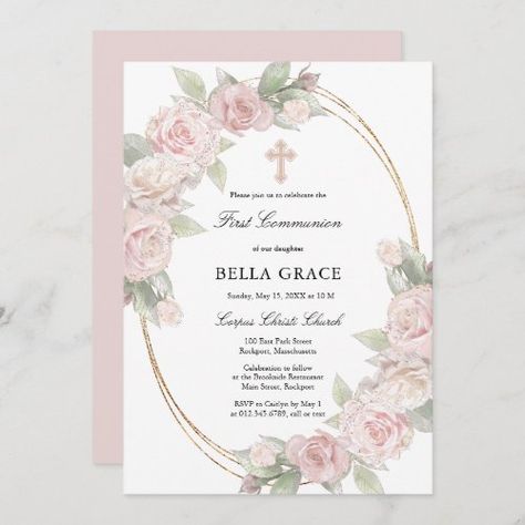 Celebrate your daughter's First Holy Communion with these elegant and enchanting invitations. The "Elegant Pink Rose Floral First Communion Invitation" features a beautiful and delicate design inspired by the timeless beauty of roses.

Each invitation showcases a stunning watercolor illustration ... Communion Invitations Girl, Holy Communion Invitations, First Communion Invitations, Communion Invitations, Boho Pink, First Holy Communion, Pink Boho, Holy Communion, First Communion