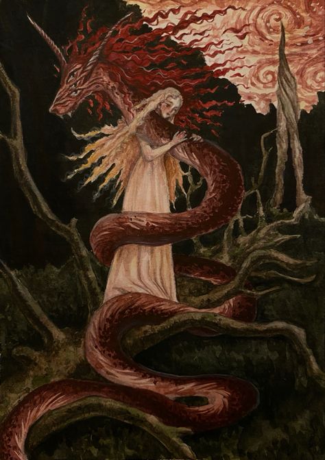 Twisted Fairytales Art, Lavestalu Art, Aesthetic Dragon Wallpaper, Witchcore Wallpaper, Witchcore Art, Dark Fairytale Art, Vintage Fairytale Art, Vintage Fantasy Art, Snake Witch