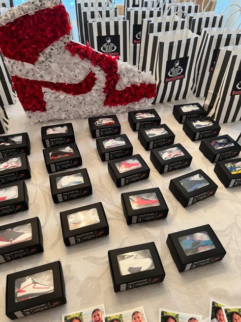 Air Jordan Party Theme Ideas, Sneaker Ball Fundraiser, Just Do It Party Theme, Shoe Themed Party Decorations, Sneaker Themed Gender Reveal, Sneaker Theme Party Ideas Air Jordans, Sneaker Birthday Party Ideas Decoration, Nike Party Centerpieces, Sneaker Ball Theme Party Ideas