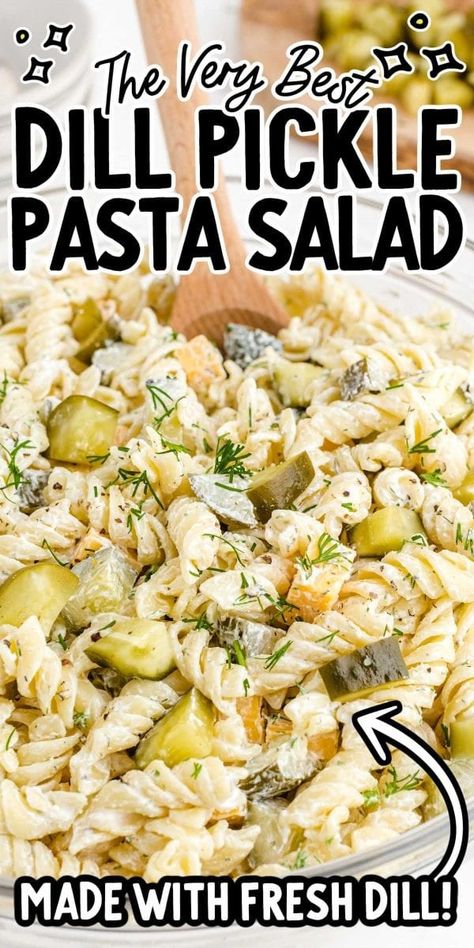 This dill pickle pasta salad features tangy and crunchy dill pickles, tender rotini pasta, and cheddar cheese drizzled with a creamy homemade dressing. Dressing For Pasta Salad, Pasta Salad With Dill, Pickle Pasta Salad, Pickle Pasta, Salad With Dill, Dill Pickle Pasta Salad, Dill Dressing, Cold Pasta Salad Recipes, Blt Pasta Salads