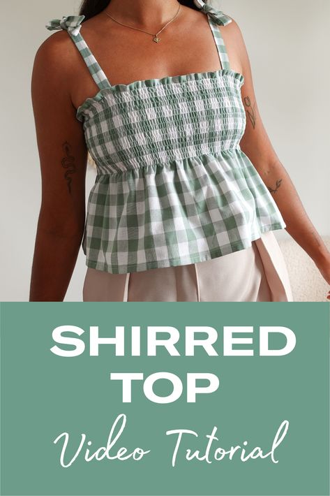 This shirred top is made from two rectangles and I show you an easy tutorial to sew this yourself at home! This easy and simple project will be perfect for beginners! Make this shirred top strapless or with cute tie straps. Sew A Top Simple, Womens Top Sewing Pattern Free, Shirring Top Pattern, Smock Top Pattern, Shirred Top Sewing Pattern, Easy Sewing Ideas For Beginners Clothes, Summer Tops Sewing Patterns, Free Sewing Patterns For Women Tops Blouses, Easy Sewing Templates