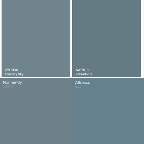 Dusty Medium Blue Paint Colors for Front Door Exterior - Blustery Sky SW9140 - Labradorite SW7619 - Alfresco BM 1672 -  Normandy BM 2129-40 Dusty Navy Blue Paint, Benjamin Moore Dusky Blue, Sw Blustery Sky Exterior, Dusty Blue Front Door, Sw Blustery Sky Paint, Bm Normandy Paint, Sw Labradorite, Benjamin Moore Normandy Blue, Dusty Blue House Exterior