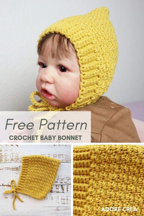 Free crochet pattern for this adorable crocheted pixie bonnet. This bonnet is very easy to make and the pattern is suitable for beginners. #crochetbabybonnet #crochetforbaby #crochetbabypatterns #freecrochetpattern #crochetpatternforbaby #crochetbabystuff Baby Bonnet Pattern Free, Baby Bonnet Crochet Pattern, Crochet Baby Hats Free Pattern, Baby Bonnet Pattern, Pola Topi, Pixie Bonnet, Crochet Baby Bonnet, Crochet Baby Beanie, Crochet Baby Hat Patterns