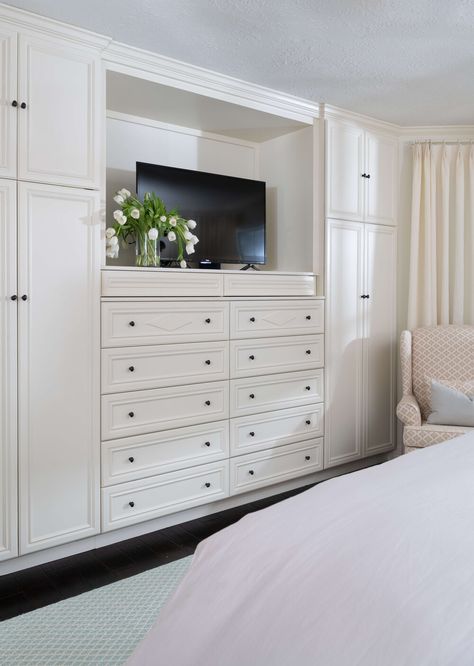 Peekskill — Sherrell Design Studio Diy Built Ins Around Tv Closet, Dresser Wardrobe Combo, In Wall Drawers, Built In Bedroom Storage Wall, Bedroom Storage Built In, Built In Wall Dresser Bedroom, Two Armoires In Bedroom, Bedroom Wall Of Storage, Built In Cabinet Design Bedroom