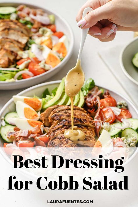 The best dressing for Cobb Salad is here. This one is delicious, creamy, and ridiculously easy to make! Dressing For Cobb Salad, Cobb Salad Dressing Recipe, Chicken Cobb Salad Recipe, Cobb Salad Dressing, Cobb Salad Ingredients, Chicken Cobb Salad, Classic Cobb Salad, Easy Salad Dressing Recipes, Cobb Salad Recipe