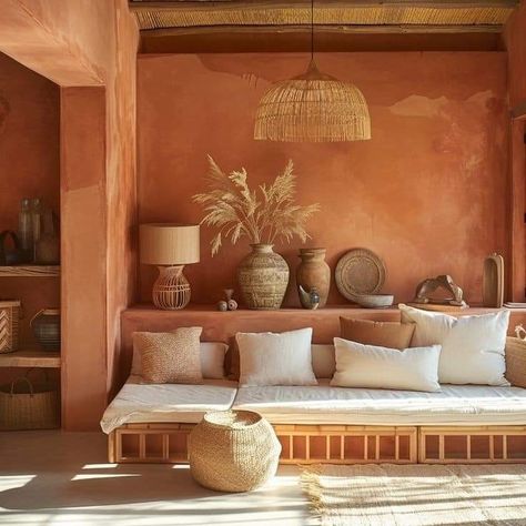 Beige And Terracotta Living Room, Terracotta Feature Wall Living Rooms, Terracotta Walls Living Room, Warm Boho Living Room, Terracotta Office, Living Room Terracotta, Deco Terracotta, Terracotta Living Room, Terracotta Walls