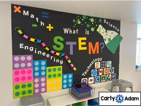 Stem Classroom Door Ideas, Stem Board Ideas, Diy Bulletin Board Ideas For Home, Stem Theme Classroom, Stem Room Decorations, Stem Display Board, Math And Science Classroom Decor, Math Lab Decoration Ideas, Science Corner Classroom Ideas