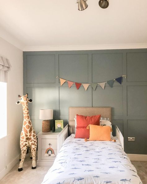 Toddler Room With Futon, Toddler Boy Room Accent Wall, Toddler Boy Accent Wall, Accent Wall Toddler Room, Toddler Accent Wall, Square Panelling, Boy Room Accent Wall, Boys Bedroom Green, Boys Room Colors