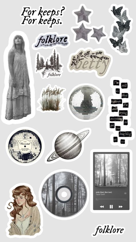 Folklore stickers 🪩 Folklore Stickers, Funny Flow Charts, Diy Phone Case Design, Collage Art Projects, Scrapbook Book, Bon Iver, Taylor Swift Posters, Phone Stickers, Taylor Swift Wallpaper