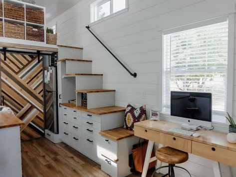 Tiny House Mobile, Under Stair Storage, Waterproof Vinyl Plank Flooring, Under Stair, Tiny Studio Apartments, Loft Style Bedroom, Tiny House Company, Understairs Storage, Tiny House Decor