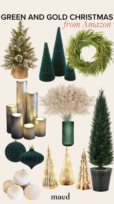 Green And Gold Christmas Decor, Emerald Green Christmas Tree, Copper Christmas Decor, Denise Vasi, Gold Holiday Decor, Green And Gold Christmas, Green Christmas Decorations, Green Christmas Tree Decorations, Jingle Jangle