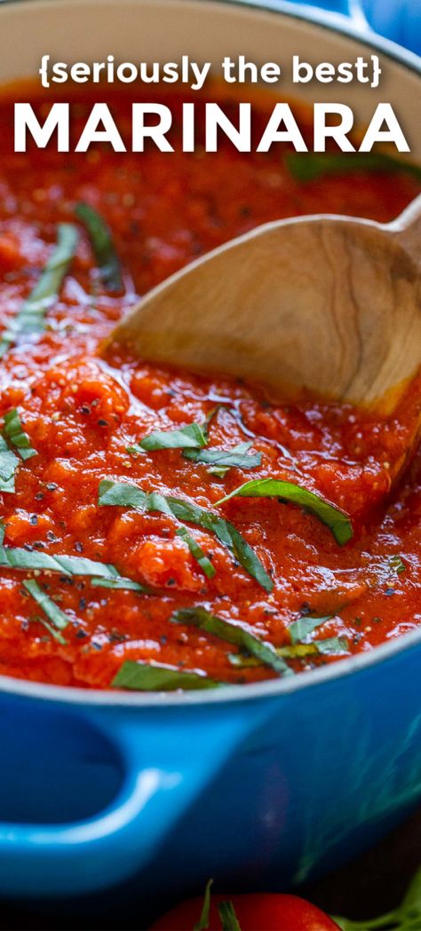 Our go-to recipe for homemade marinara! this Marinara sauce tastes better than any store-bought canned marinara and takes less than 30 minutes to make. This is crazy good with spaghetti and meatballs as a pasta sauce or in lasagna as a tomato sauce. So good! Pasta Sauce Recipes Tomato, Marinara Pasta, Homemade Marinara Sauce, Sauce Spaghetti, Marinara Sauce Recipe, Pasta Sauce Homemade, Homemade Sauce Recipes, Homemade Spaghetti Sauce, Marinara Sauce Homemade