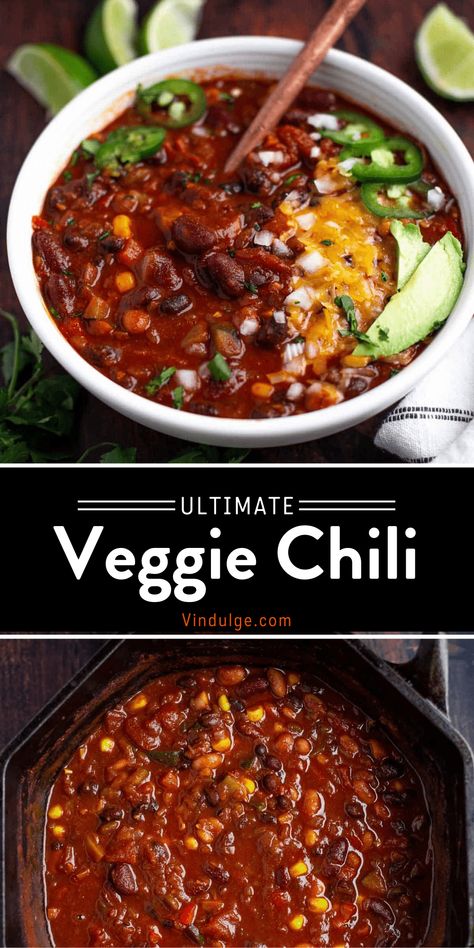 Award Winning Vegetarian Chili, Vegitaren Chili Recipes, Vegetarian Chili Stovetop, Vegetarian Chilli Recipes, Chili With Veggies, Chili Recipe Vegetarian, Vegetarian Chilli Con Carne, Veggie Chili Recipe, Meatless Chili Recipe