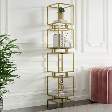 Amazon.com: Cozy Castle Etagere Bookcase, 4-Tier Tall Bookshelf, 70.5" Slim Shelving Unit for Living Room, Home Office, Bathroom, Tempered Glass Display Cabinet, Gold Metal Frame : Home & Kitchen Cozy Castle, Glass Display Shelves, Gold Office Decor, Tall Bookshelf, Gold Living Room Decor, Black Living Room Decor, Glass Display Cabinet, Tall Bookshelves, Classy Living Room