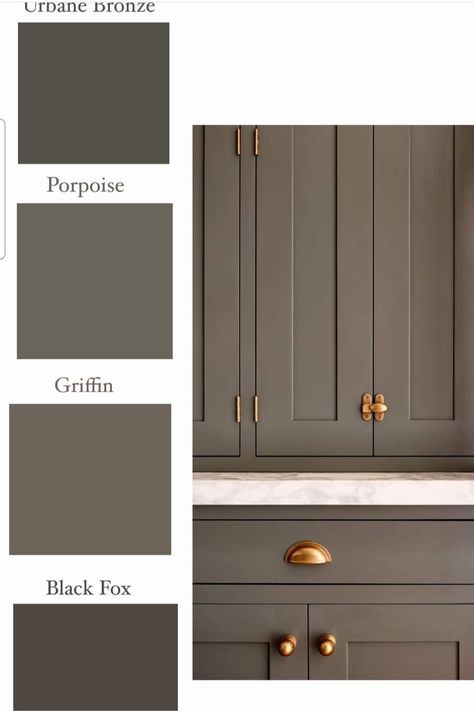 Anonymous By Sherwin Williams, Mossy Oak Paint Color, Moody Kitchen Cabinet Colors, Dark Color Kitchen Ideas, Sherwin Williams Griffin Cabinets, Sherwin Williams Woodbridge, Perfect Greige Sherwin Williams Kitchen, Painting Curio Cabinet Ideas Diy, Built In Cabinet Colors