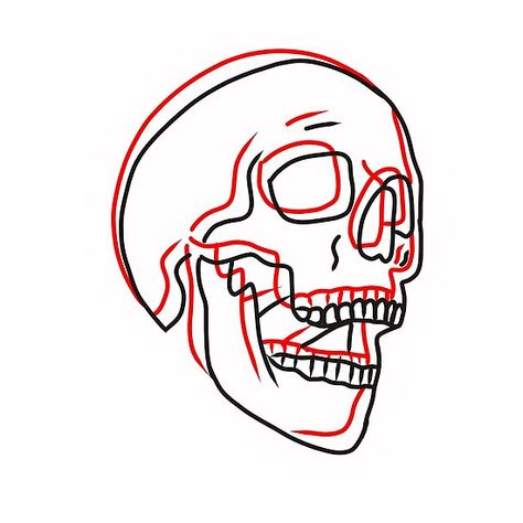 Outline Skull Tattoo, Red Black Line Tattoo, Red And Black Tattoo Stencil, Horror Line Tattoo, Red And Black Outline Tattoo, Trippy Tattoo Ideas Black And White, Skull Line Drawing Simple, Black And Red Art Drawing, Trippy Small Tattoos