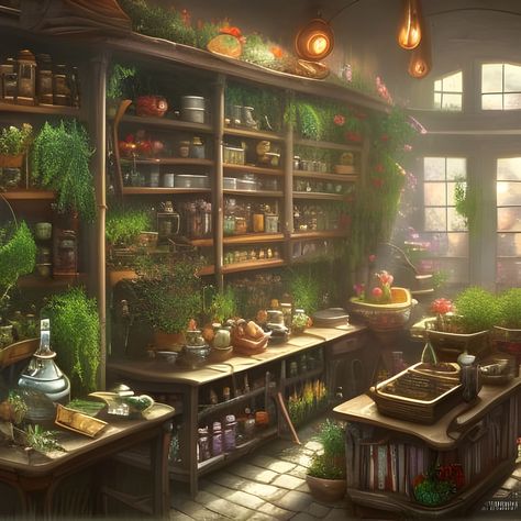 Fantasy Herbalist Shop, Herbal Store Design, Herbalist Character, Herbalist Garden, Herbalist Shop, Herbal Store, Herb Shop, Fantasy Shop, Cinematic Lighting