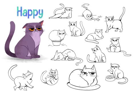 Amy and Happy - Concept art / drops on Behance Cat Concept Art Character Design, Cat Concept Art, Concept Art Props, Cat Character Design, Cat Animation, Cartoon Cat Drawing, Animation Character Design, Cat Expressions, Character Design Illustration