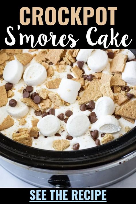 Crockpot desserts - easy dump and go crockpot desserts - crockpot s'mores cake recipe Slow Cooker Smores Cake, Smores Dessert Crockpot, Crockpot Smores Cake, Crock Pot Chocolate Chip Cookie Smores, Deserts In Crockpot, Easy Dessert Crockpot Recipes, Crock Pot Desserts Gluten Free, Easy Crockpot Recipes Dessert, S’mores Crockpot