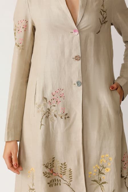 Buy Beige Linen V Neck Embroidered Jacket For Women by Payal Pratap Online at Aza Fashions. Payal Pratap, Embroidered Kurti, Kurti Patterns, Cotton Kurti Designs, Beige Jacket, Hand Stitch, Suits Design, Kurta Designs Women, Embroidery Suits Design