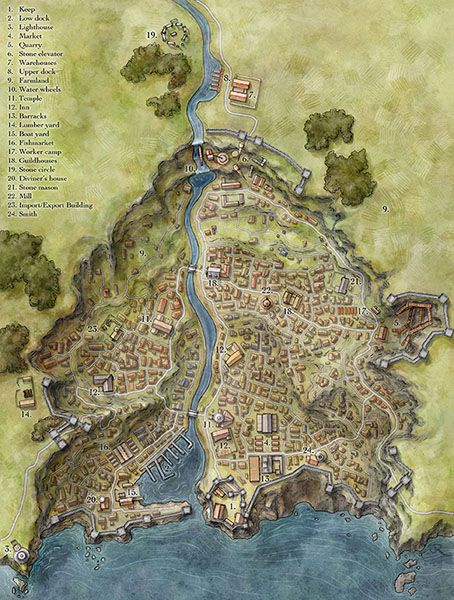 Fantasy town illustrated for map pack Fantasy City Map, Fantasy Town, Fantasy World Map, Rpg Map, Town Map, Dungeon Maps, D D Maps, Fantasy City, D&d Dungeons And Dragons