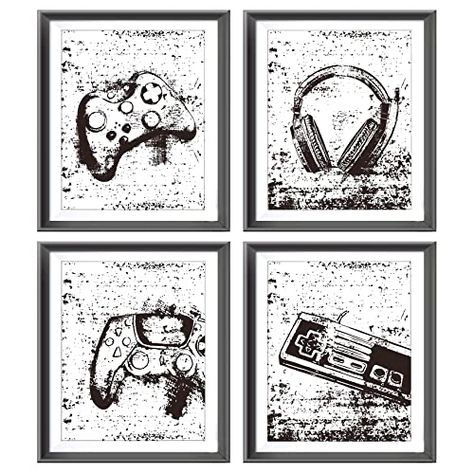 Video Game Decorations, Pre Teen Boys Room, Gaming Themed Bedroom, Game Decorations, Black And White Video, Video Game Room Decor, Video Game Wall Art, White Video, Gamer Boys