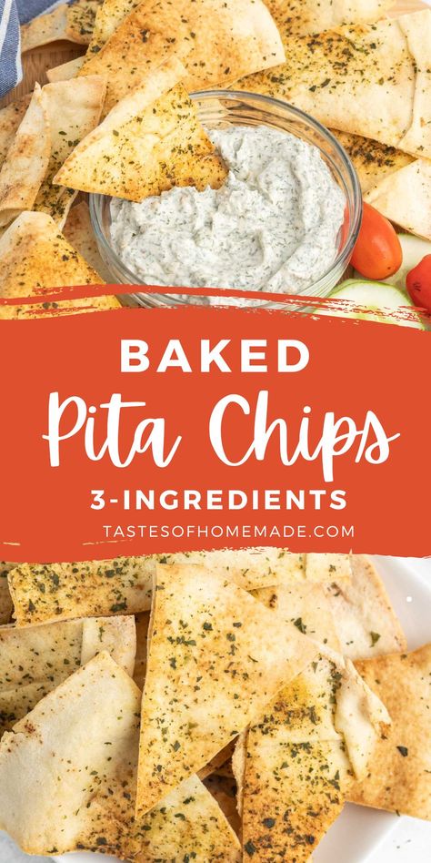 These crispy baked pita chips are the perfect crunchy snack. Brushed with oil, and sprinkled with seasonings, these crispy chips are a great snack on their own or with your favorite dip.  Enjoy them with tzatziki, salsa, or a bowl of melty cheese dip.  They are quick and easy to make, baking in only 10 minutes. Diy Pita Chips, Baked Pita Chips Recipe, Pita Chips From Pita Bread, What To Eat With Pita Chips, Baked Naan Chips, How To Make Pita Chips From Pita Bread, Pita Chips Baked, How To Make Pita Chips, Recipes With Pita Bread