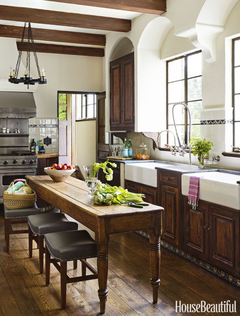 Kitchen- house beautiful March 2016 Dapur Rustic, Global Boho, Spanish Kitchen, Island Table, Narrow Kitchen, Farmhouse Kitchen Island, Tuscan Kitchen, Spanish Style Homes, Spanish Revival