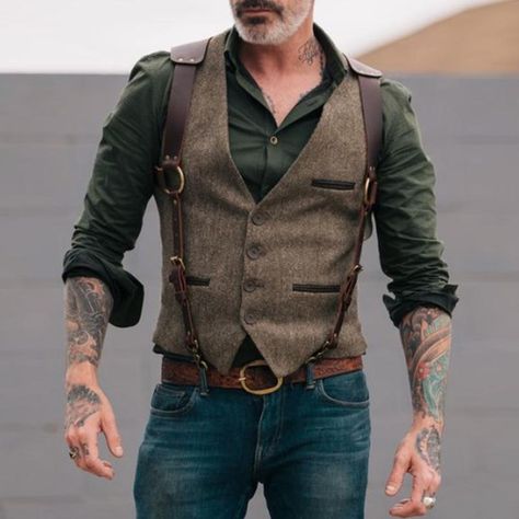 "How do we order the vest and leather suspenders like the model is wearing in the photos ?" - Danny A. Steampunk Casual, Sleevless Jacket, Brown Vest Men, Men Suits Business, Men Waistcoat, Mens Vest Casual, Tweed Men, Mens Leather Vest, Mens Vest Fashion