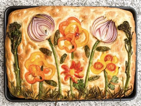 Focaccia Bread with Vegetable and Herb Flowers Vegetable Flowers, Foccacia Bread, Store Cupboard, Bread Art, Honey Soy, Focaccia Bread, Italian Bread, Chilli Pepper, Fresh Chives